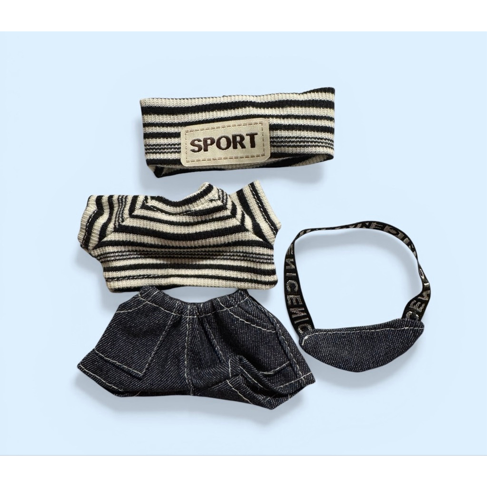 Labubu Clothes 4 pc. Matching Set White Black Striped Top, Pants, Headband, Bag